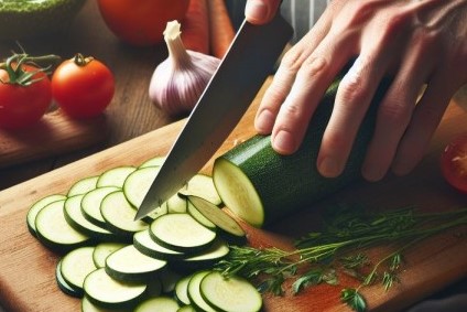 Calabacines y verduras cortadas por una persona